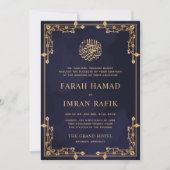Blauwe Marine Gouden Grens Moslim Bruiloft Kaart (Voorkant)