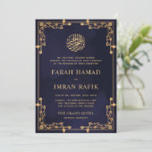 Blauwe Marine Gouden Grens Moslim Bruiloft Kaart (Staand voorkant)