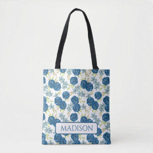 blauwe marine roos bloem tote bag
