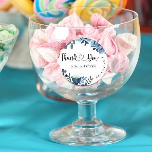 Blauwe marine waterverf bloemenbruiloft dank u ronde sticker