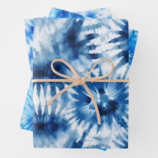 Blauwe Marine Witte Streep Tie Dye Inpakpapier Vel (In situ)