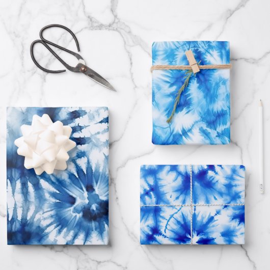 Blauwe Marine Witte Streep Tie Dye Inpakpapier Vel (Voorkant)