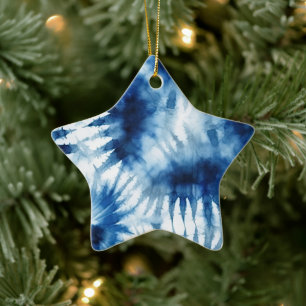 Blauwe Marine Witte Streep Tie Dye Keramisch Ornament