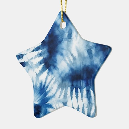 Blauwe Marine Witte Streep Tie Dye Keramisch Ornament (Links)