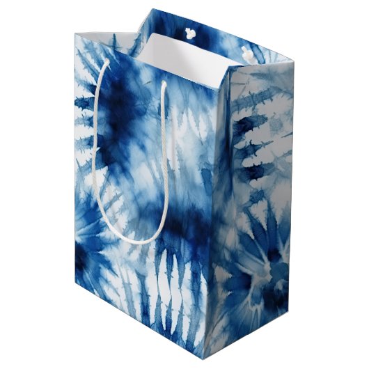 Blauwe Marine Witte Streep Tie Dye Medium Cadeauzakje (Achterkant Gekanteld)