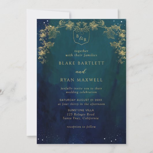 Blauwe, marineachtige en groene hemelmonogram brui kaart (Voorkant)