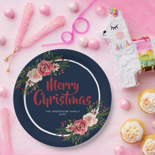 Blauwe marineblauw Waterverf bloemen kerst Papieren Bordje (Feest)