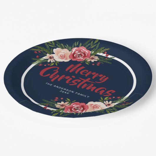 Blauwe marineblauw Waterverf bloemen kerst Papieren Bordje (Gekanteld)