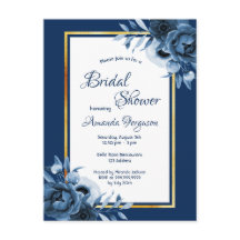 Blauwe marinebloemen goudbruine doucheuitnodiging