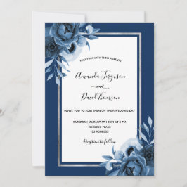 Blauwe marinebloemen zilverkleurige bruiloft kaart