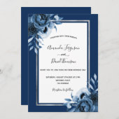 Blauwe marinebloemen zilverkleurige bruiloft kaart (Voorkant / Achterkant)