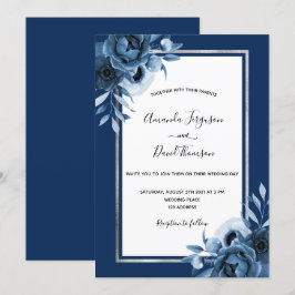 Blauwe marinebloemen zilverkleurige bruiloft kaart