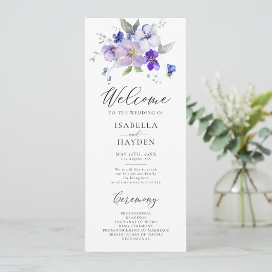 Blauwe marinelavendel Lila bloemenrustieke bruilof Programmakaart (Staand voorkant)