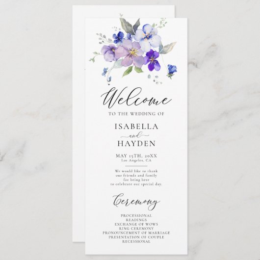 Blauwe marinelavendel Lila bloemenrustieke bruilof Programmakaart (Voorkant / Achterkant)