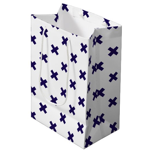 Blauwe marineschijven op witte medium cadeauzakje (Voorkant Gekanteld)