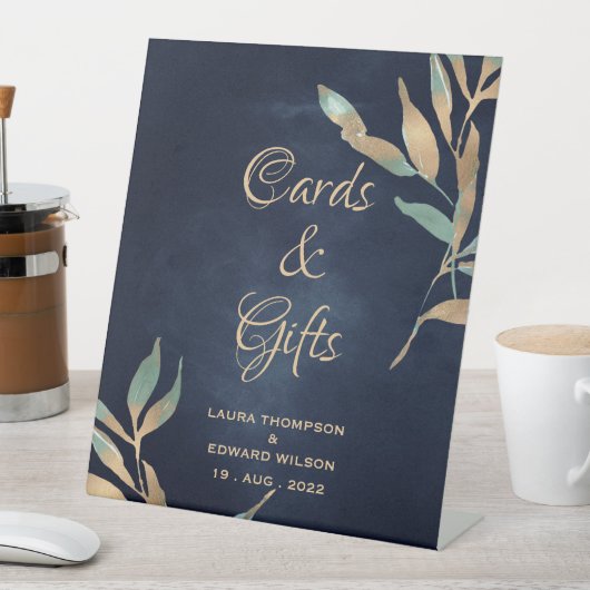 Blauwe marinetextuur met gouden folie blad reclamebord met voetstuk (Insitu)