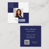 Blauwe marinewitte logo foto QR-code Vierkante Visitekaartje (Voorkant / Achterkant)