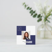 Blauwe marinewitte logo foto QR-code Vierkante Visitekaartje (Staand voorkant)