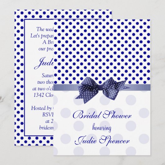 Blauwe marinewitte polkadop Bridal douche Uitnodig Kaart (Voorkant / Achterkant)