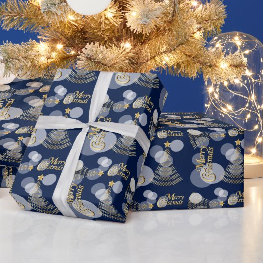 Blauwe marinier en goudzige kerstboom cadeaupapier (Feestdagen)