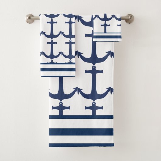 Blauwe marinier Nautical Anchor stripe Bad Handdoek (Insitu)