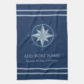 Blauwe maritieme kompas aangepaste bootnaam theedoek (Verticaal)