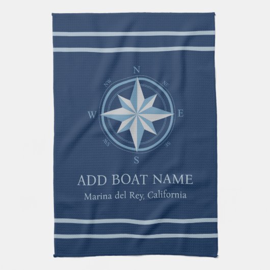 Blauwe maritieme kompas aangepaste bootnaam theedoek (Verticaal)