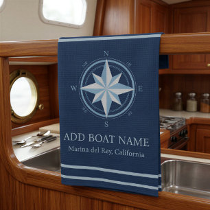 Blauwe maritieme kompas aangepaste bootnaam theedoek
