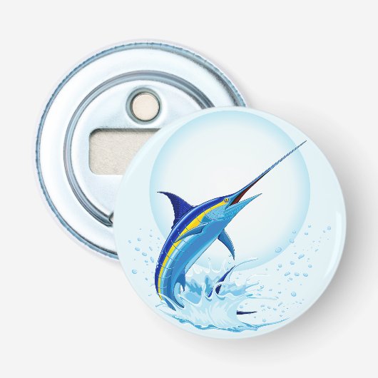 Blauwe Marlijn Springt uit de Oceaan Button Flesopener (Voorkant)