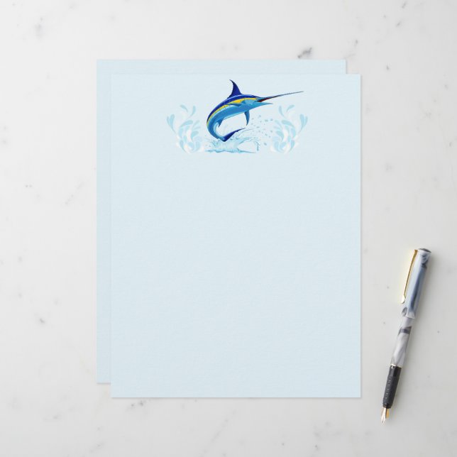 Blauwe Marlijn Springt uit Oceaan Briefhoofd (Voorkant / Achterkant in situ)