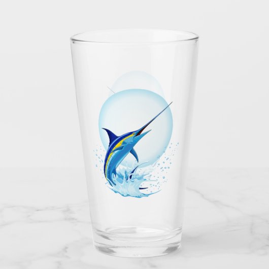 Blauwe Marlijn Springt uit Oceaan Glas (Voorkant)