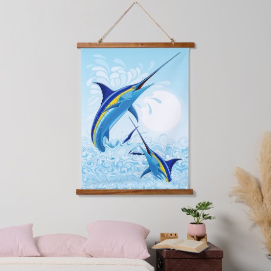 Blauwe Marlijn Springt uit Oceaan Hangend Wandkleed (Slaapkamer)