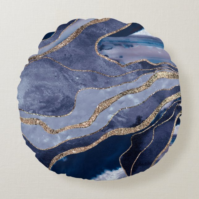 Blauwe marmer Agate Gold Glitter Glam #1 Rond Kussen (Voorkant)