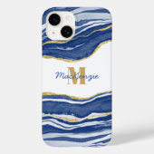 Blauwe marmer Agate Gold Glitter Monogram Naam Case-Mate iPhone Case (Achterkant)