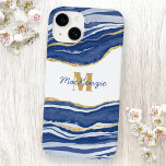 Blauwe marmer Agate Gold Glitter Monogram Naam Case-Mate iPhone 14 Hoesje<br><div class="desc">Indigo blauwe waterverf is een prachtig vormgegeven met faux gouden glitter-details. Verander het naam en monogram Initiaal om aan te passen.</div>