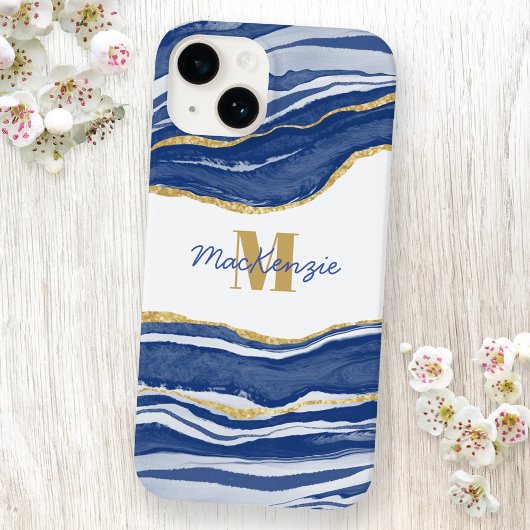 Blauwe marmer Agate Gold Glitter Monogram Naam Case-Mate iPhone Case
