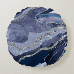 Blauwe marmer Agate Silver Glitter Glam #1 Rond Kussen