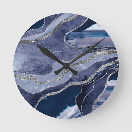 Blauwe marmer Agate Silver Glitter Glam #1 Ronde Klok (Voorkant)