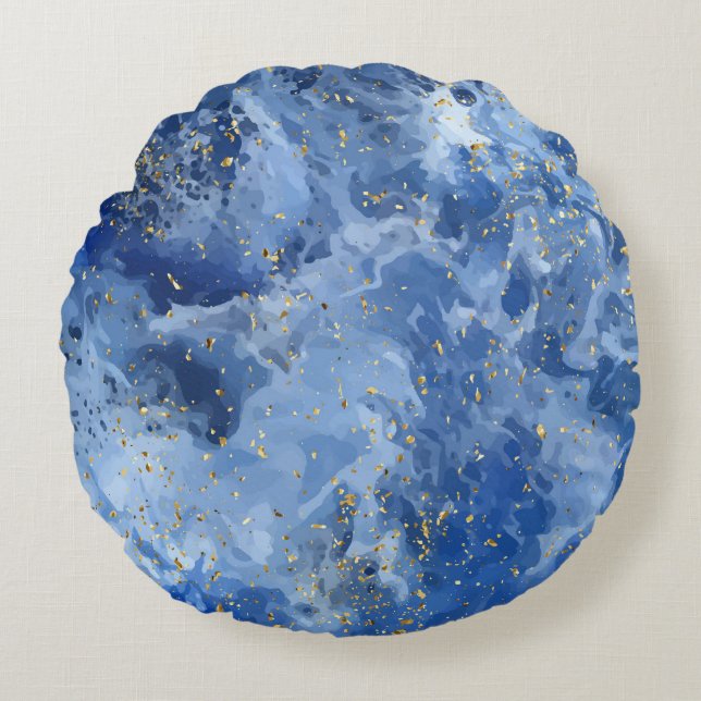 Blauwe marmer en goudtextuur rond kussen (Voorkant)