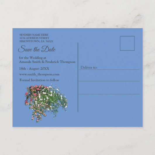 Blauwe marmer en roze flamingos aankondigingskaart (Achterkant)