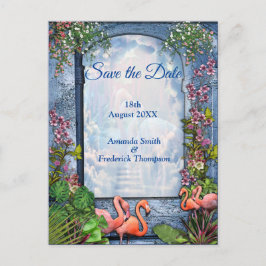 Blauwe marmer en roze flamingos aankondigingskaart