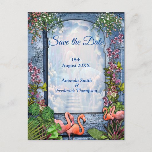 Blauwe marmer en roze flamingos aankondigingskaart (Voorkant)