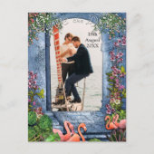 Blauwe marmer en roze flamingos aankondigingskaart (Voorkant)