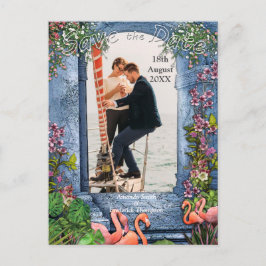 Blauwe marmer en roze flamingos aankondigingskaart