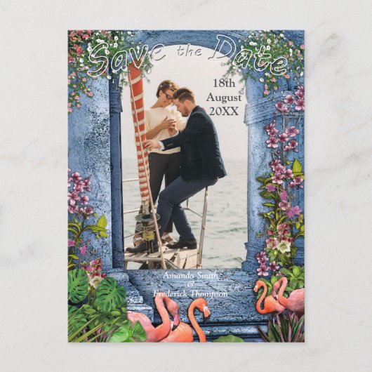 Blauwe marmer en roze flamingos aankondigingskaart (Voorkant)