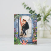 Blauwe marmer en roze flamingos aankondigingskaart (Staand voorkant)