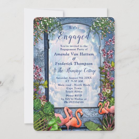 Blauwe marmer en roze flamingos kaart (Voorkant)