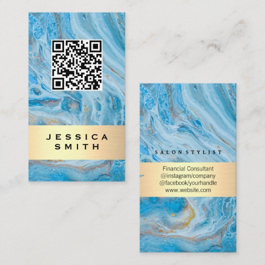 Blauwe marmer | Goudborstel | QR-etiket Visitekaartje (Voorkant / Achterkant)