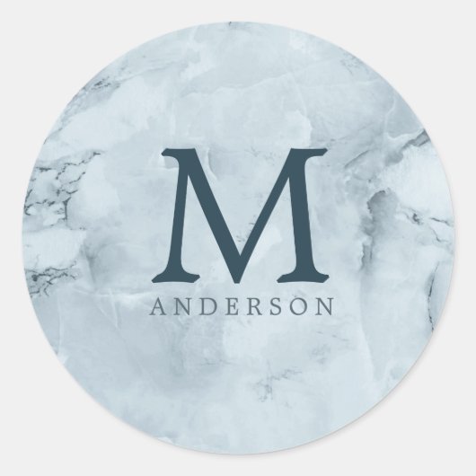 blauwe marmer masculine dubbel monogram ronde sticker (Voorkant)
