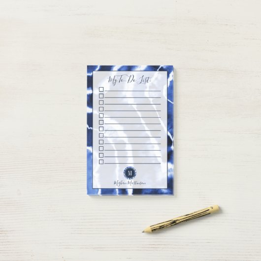Blauwe marmer met kleurstof Waterverf Monogram om  Post-it® Notes (Op bureau)